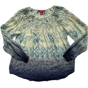 Sundance Blouse Blue Cream Ombre Semi-Sheer Smocked Neckline 100% Silk Size S